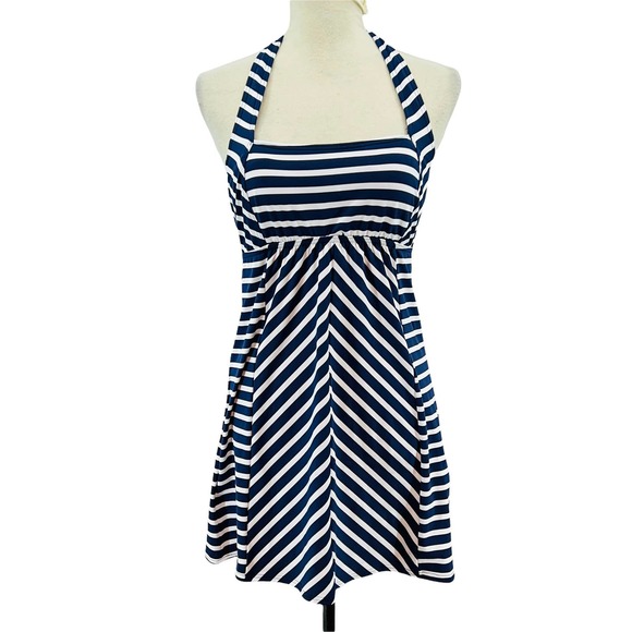 Lands' End Other - Lands End Navy Blue & White Stripe Halter Swim Dress One Piece Bralette Womens 4